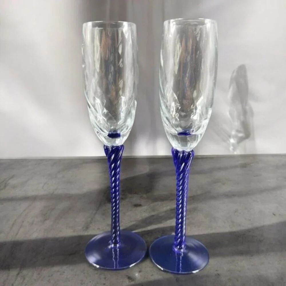 Italian Optic Swirl Glass Flutes Set 2 Cobalt Blue Twisted Stem Goblets Glasses‎